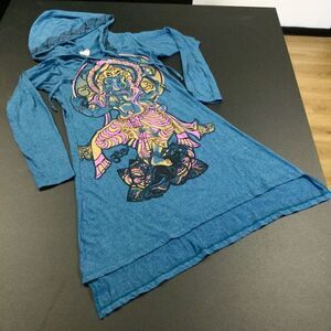 Vintage Gypsy Rose Womens Teal Blue Ganesh Print Long‎ Sleeve Hoodie Dress Small